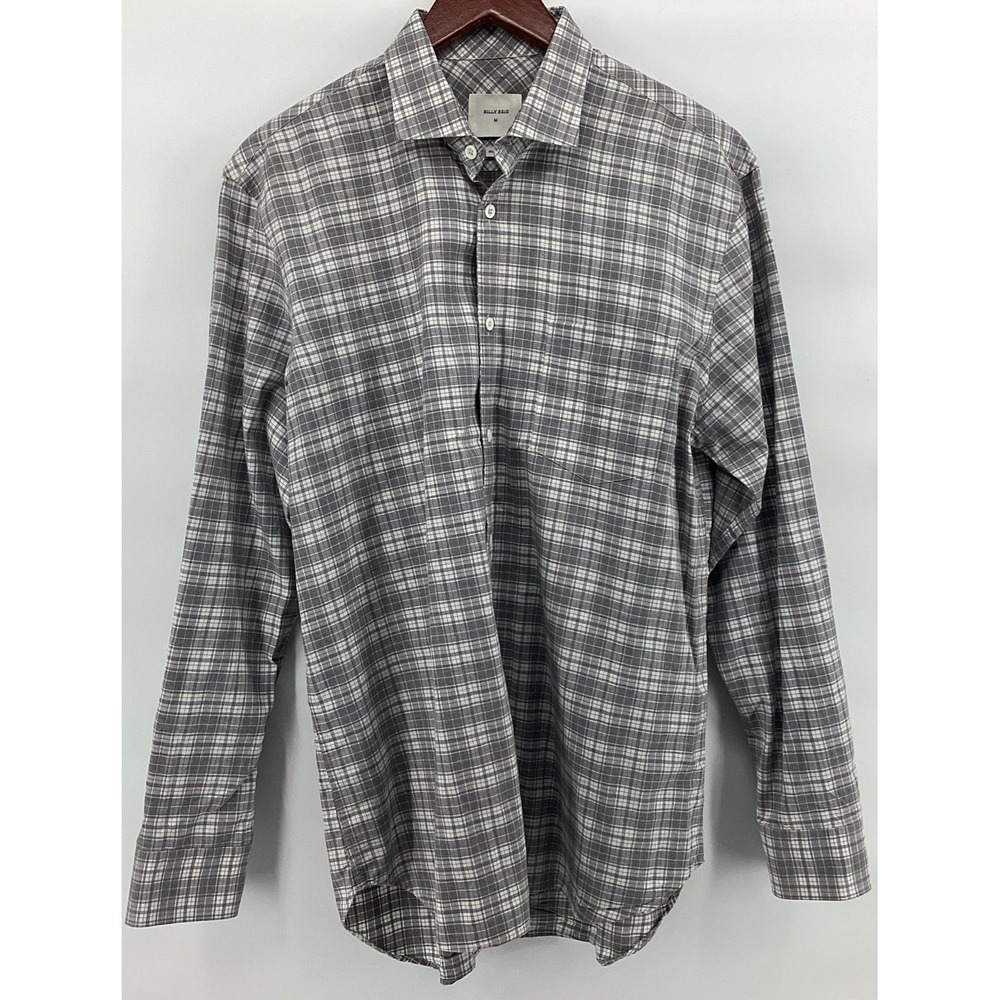 Billy Reid Gray White Plaid Cotton Elastane Button-Down Long Sleeve Shirt M